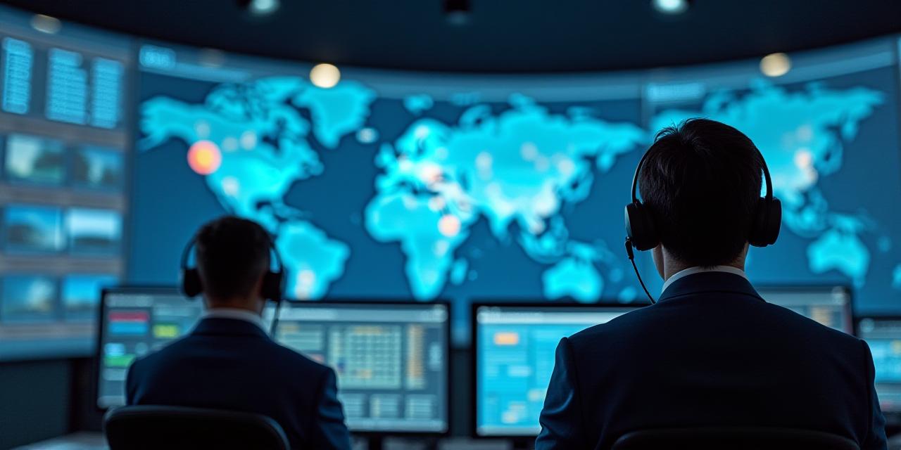 Modern logistics command center with digital mapping and professional dispatch staff