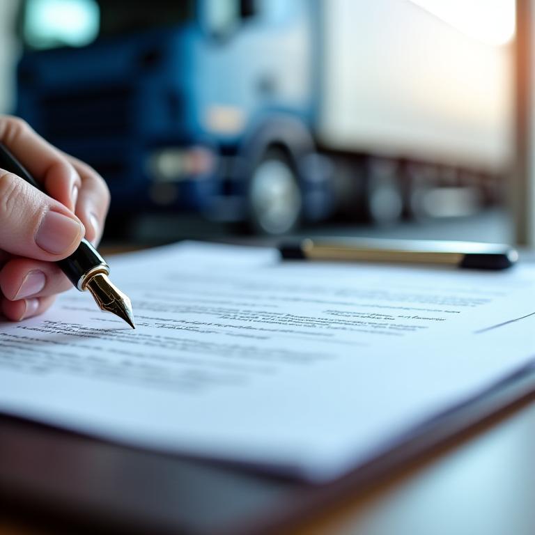 Close-up of a signed delivery agreement on a clipboard with a truck in the background