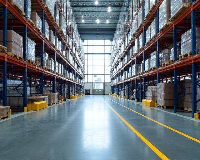 Interior of a modern, organized logistics warehouse facility