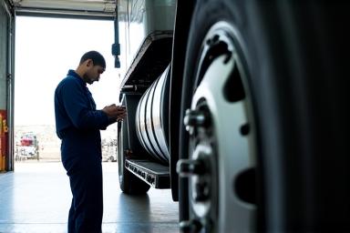 Professional mechanic inspecting a large truck tire