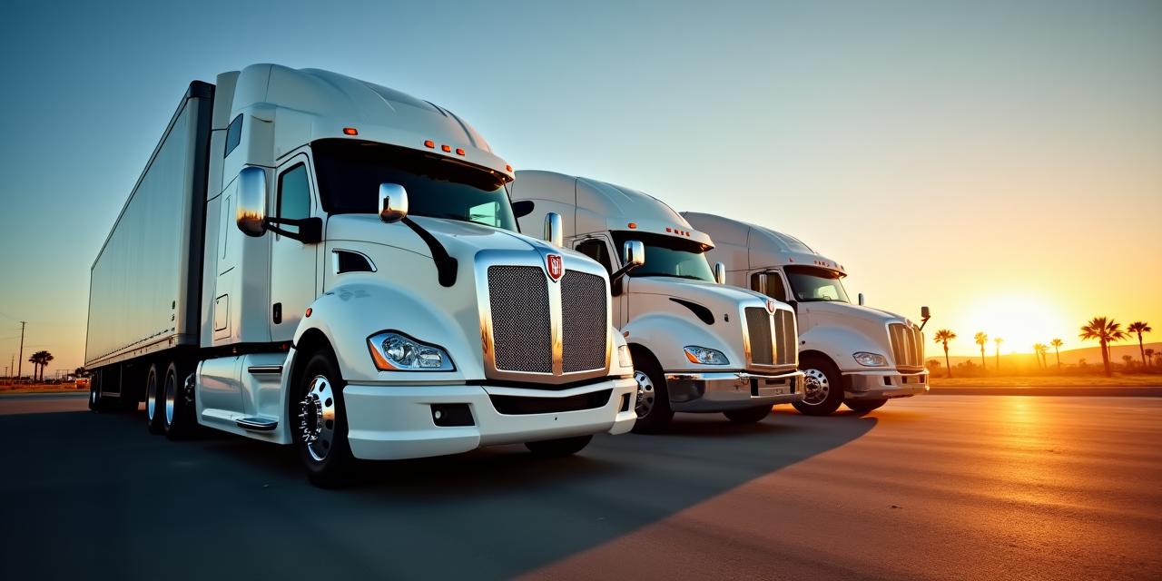 A line of premium heavy-duty logistics trucks at sunset